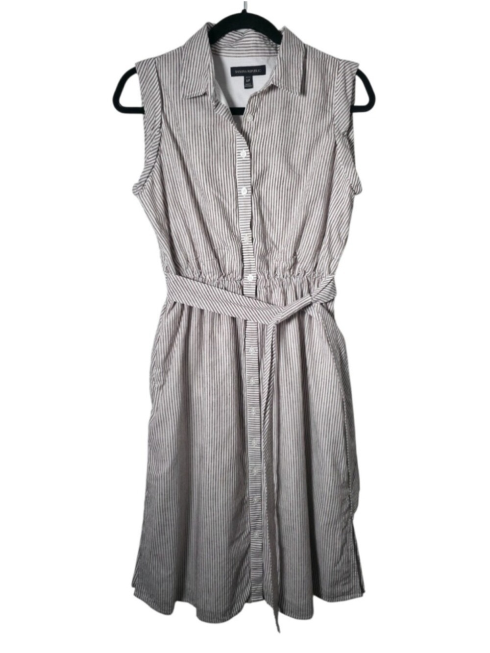 Banana Republic Petite Striped Shirt Dress Brown White Sleeveless Belted Midi - Picture 2 of 11